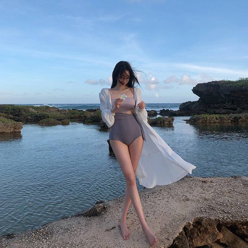 遮肚小露腰心機薰衣草連身Swimsuit泳衣