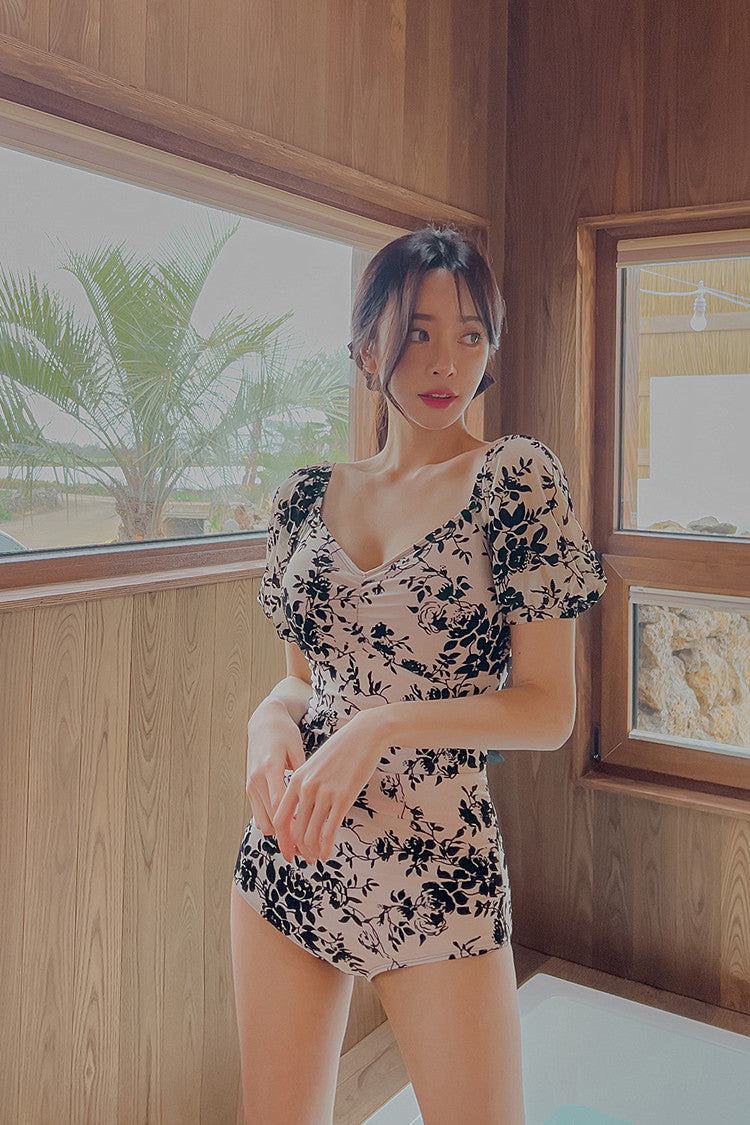 碎花顯瘦遮手臂美背連身Swimsuit泳衣