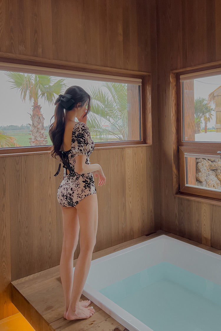 碎花顯瘦遮手臂美背連身Swimsuit泳衣