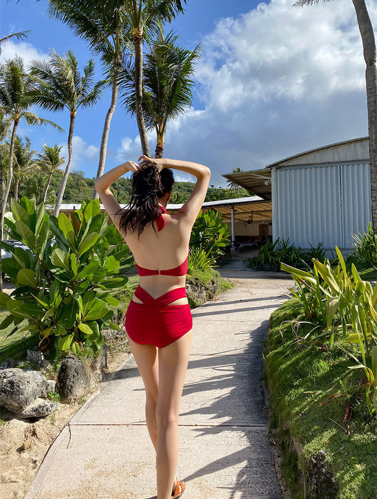 紐紋胸高腰遮肚集中包覆掛頸Bikini