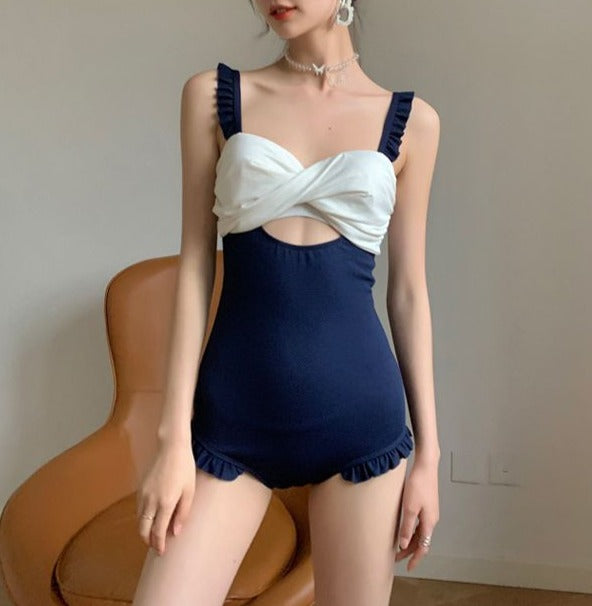 紐紋胸顯瘦修腰・包覆集中收副乳連身Swimsuit泳衣