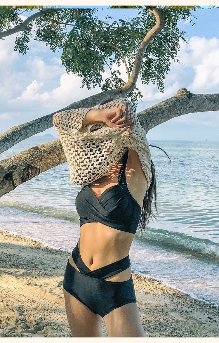 紐紋胸高腰遮肚集中包覆掛頸Bikini