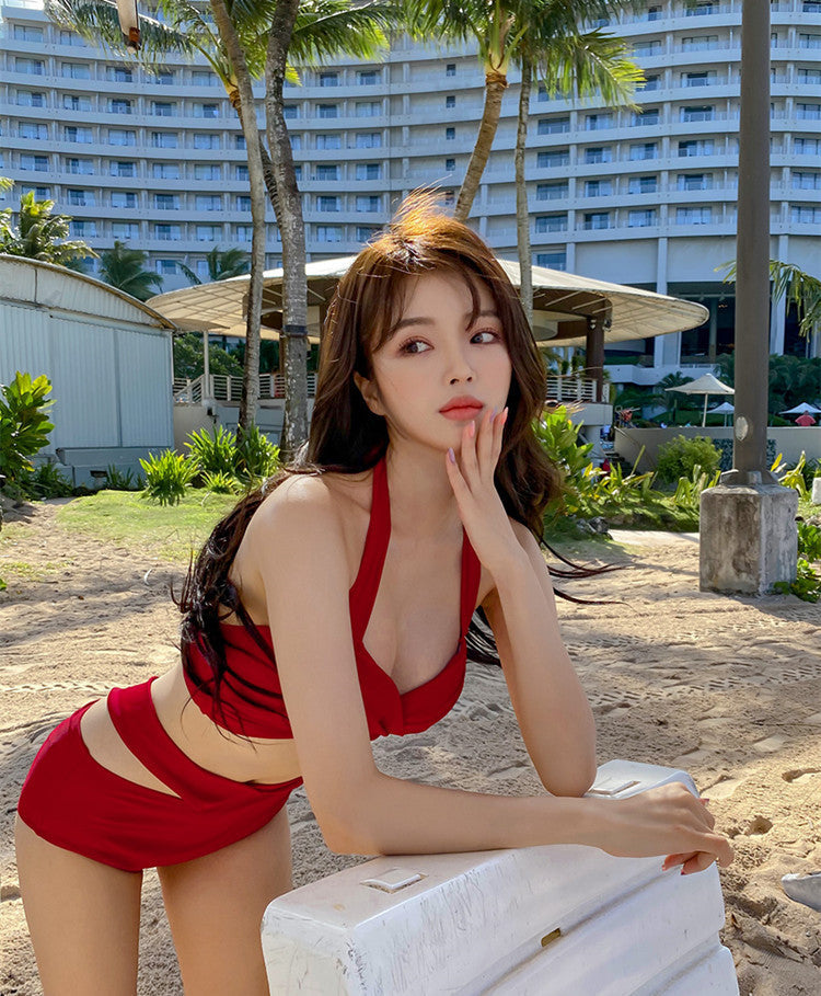 紐紋胸高腰遮肚集中包覆掛頸Bikini