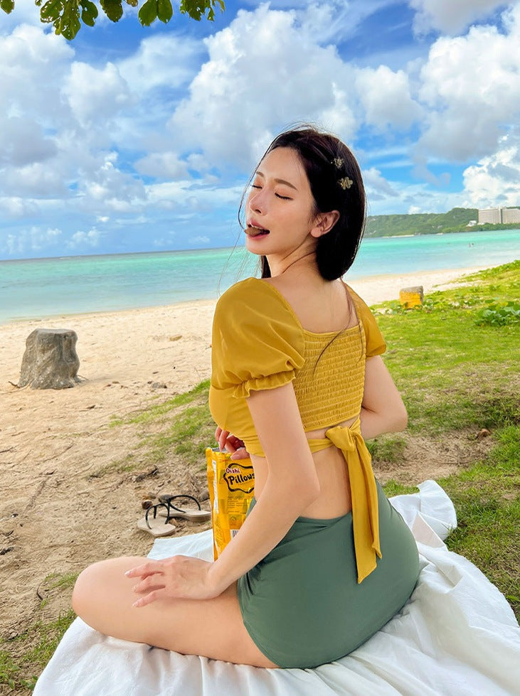 短袖高腰遮肚紐紋美胸泳衣