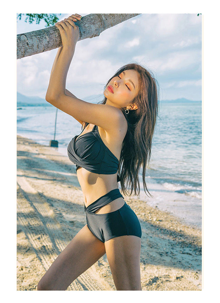 紐紋胸高腰遮肚集中包覆掛頸Bikini