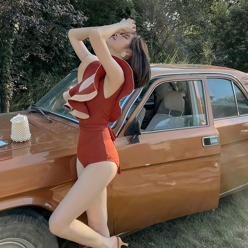 荷葉邊修副乳Deep V露背連身Swimsuit泳衣