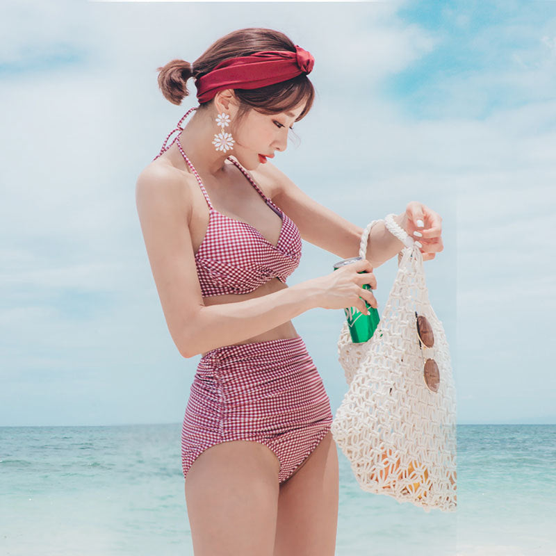 紅色Check高腰遮肚Bikini