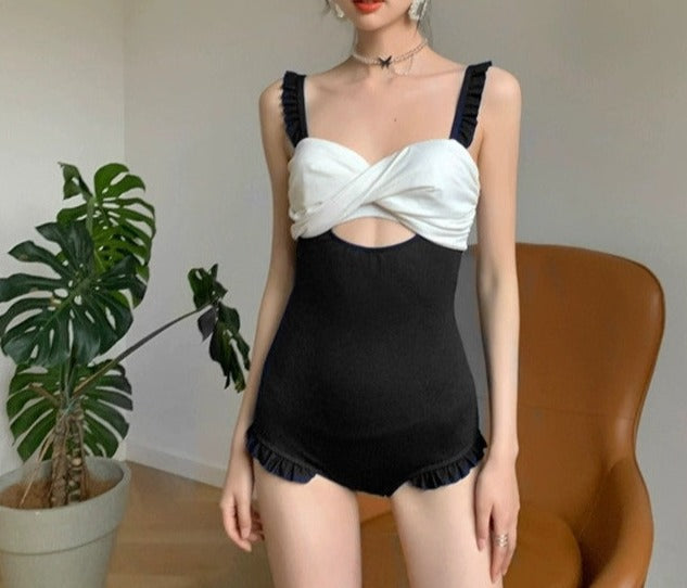 紐紋胸顯瘦修腰・包覆集中收副乳連身Swimsuit泳衣