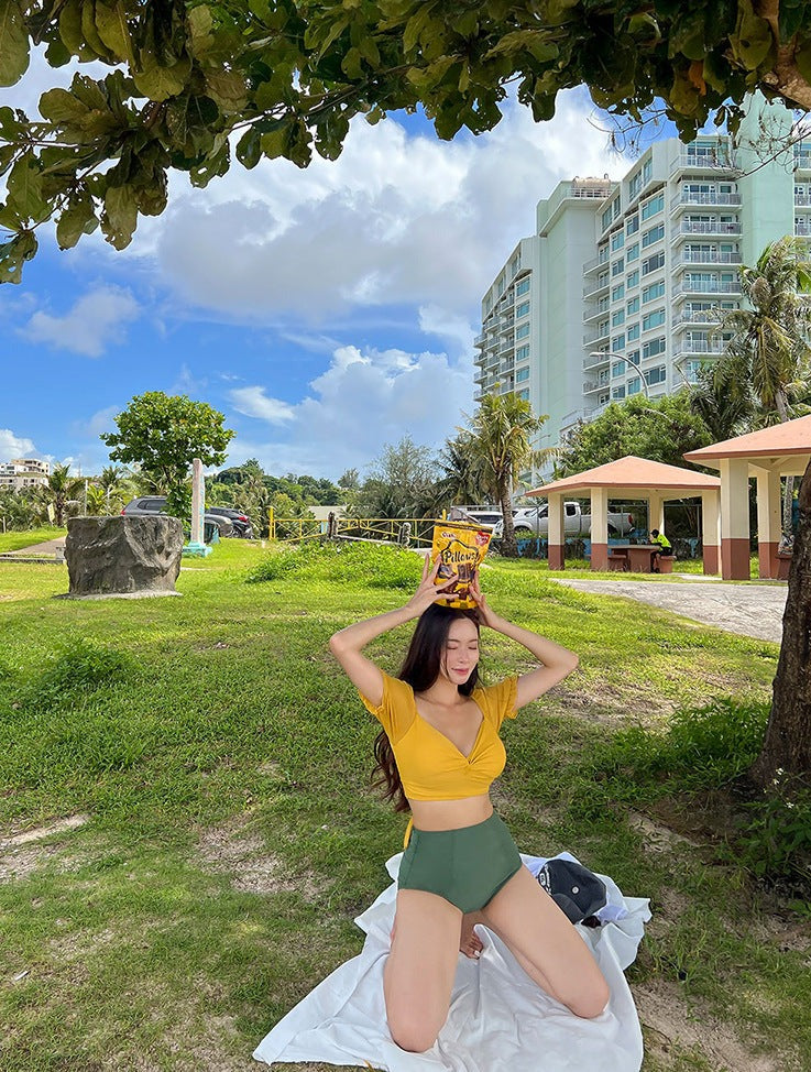 短袖高腰遮肚紐紋美胸泳衣
