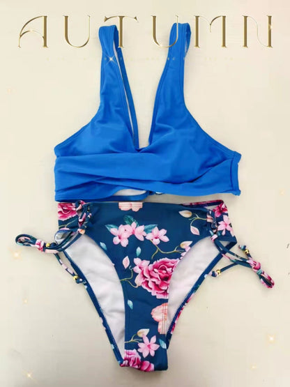 Floral紐紋胸拼色包覆泳衣