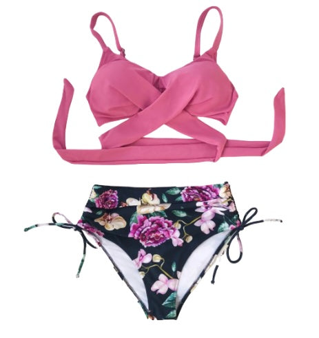 玫瑰色Floral美背綁帶泳衣